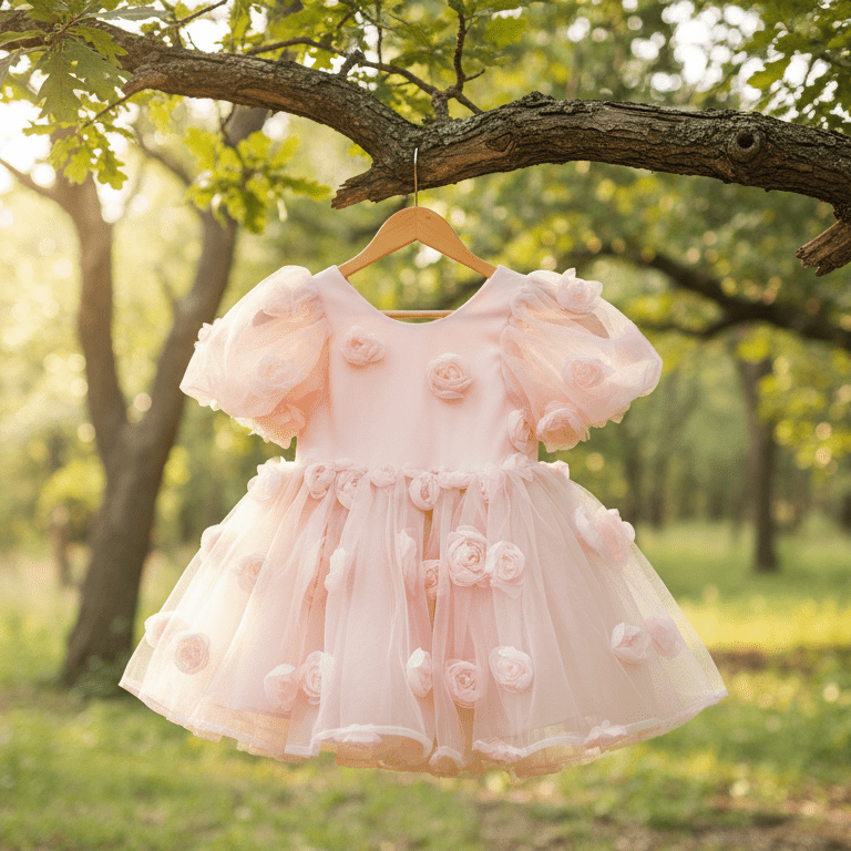Pink dress with puff sleeves hanging on a tree branch in a forest setting