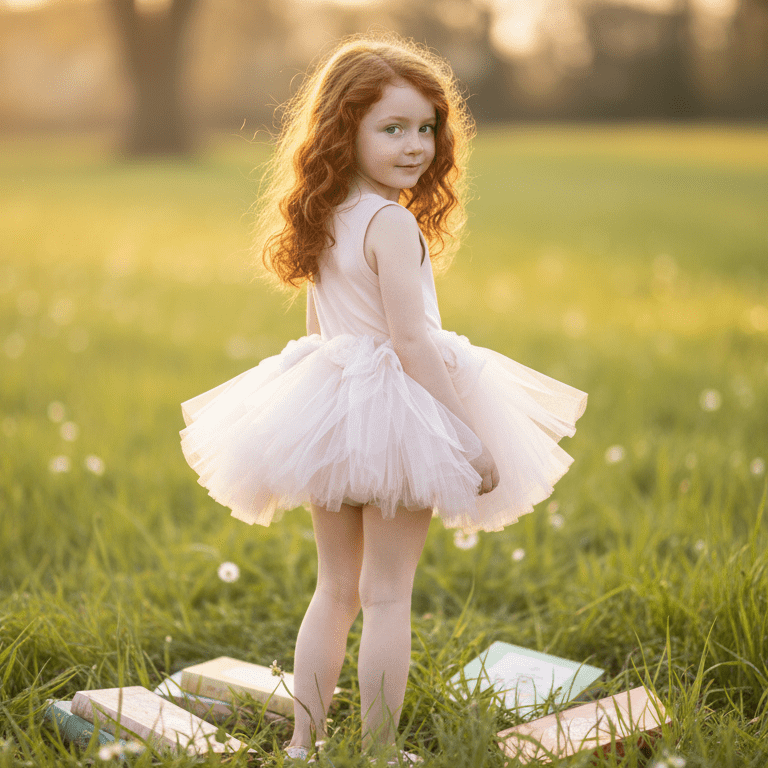 Young girl in a white dress standing in a grassy field with sunlight filtering through.