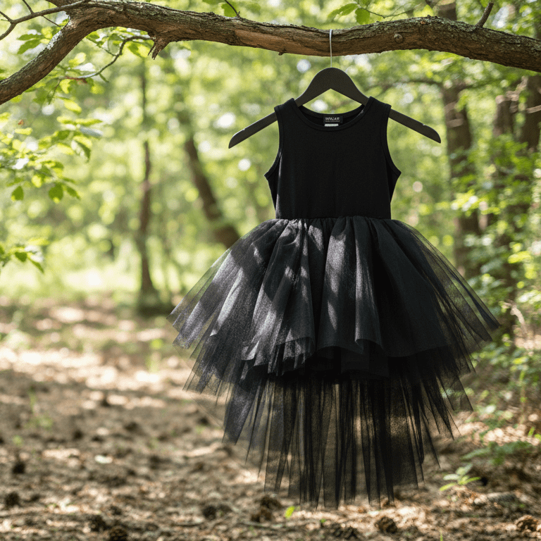 Black tulle dress hanging on a branch in a forest