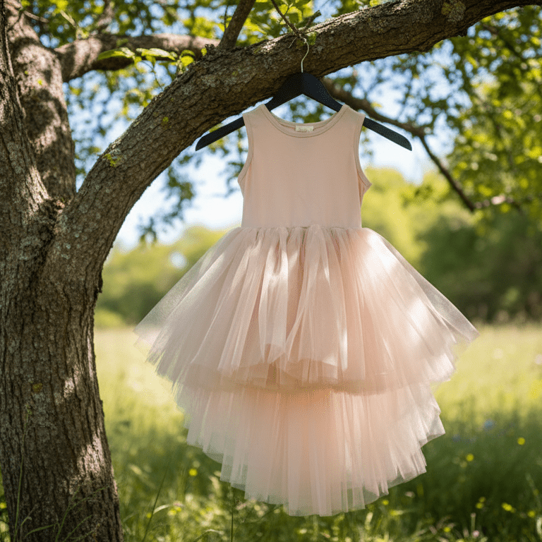 Pink dress hanging on a tree branch in a field