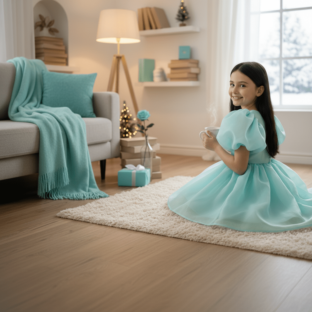 Young girl in a light blue dress sitting on a rug in a living room.