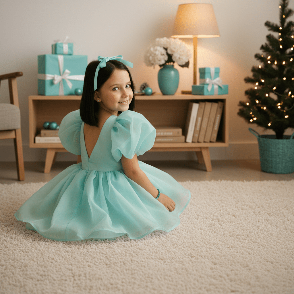 Young girl in a light blue dress sitting on the floor in a cozy room with a Christmas tree and presents.