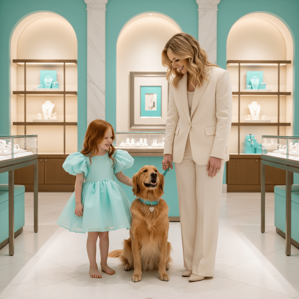 Woman, young girl, and dog standing together in a store with jewelry displays.