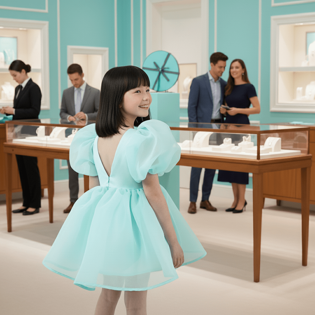 Young girl in a light blue dress standing in a store with people in the background