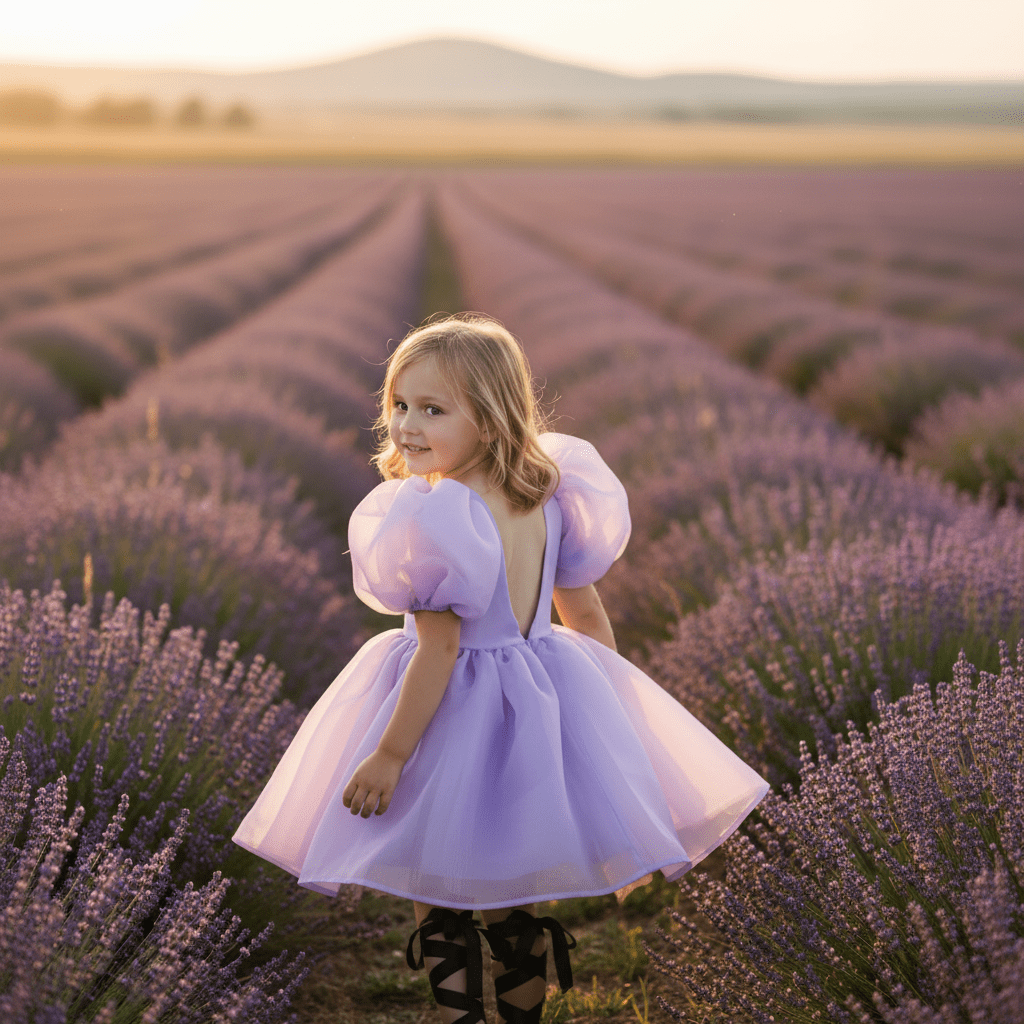 Young girl in a purple dress standing in a lavender field at sunset