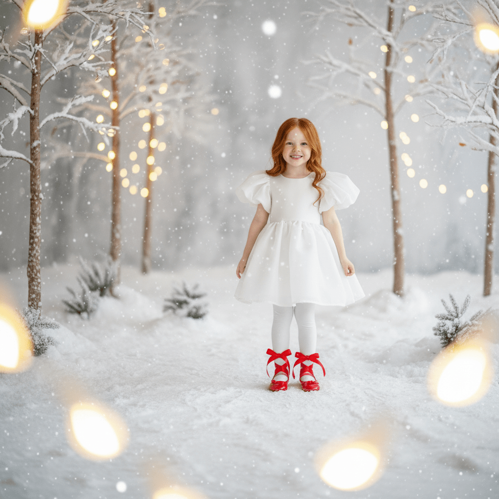 Young girl in a white dress with red shoes standing in a snowy forest with string lights.