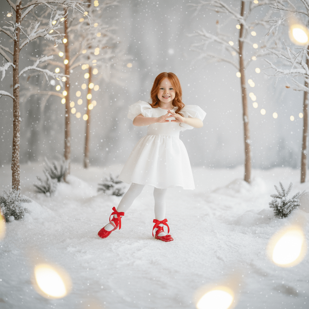 Young girl in a white dress with red shoes standing in a snowy forest with string lights.