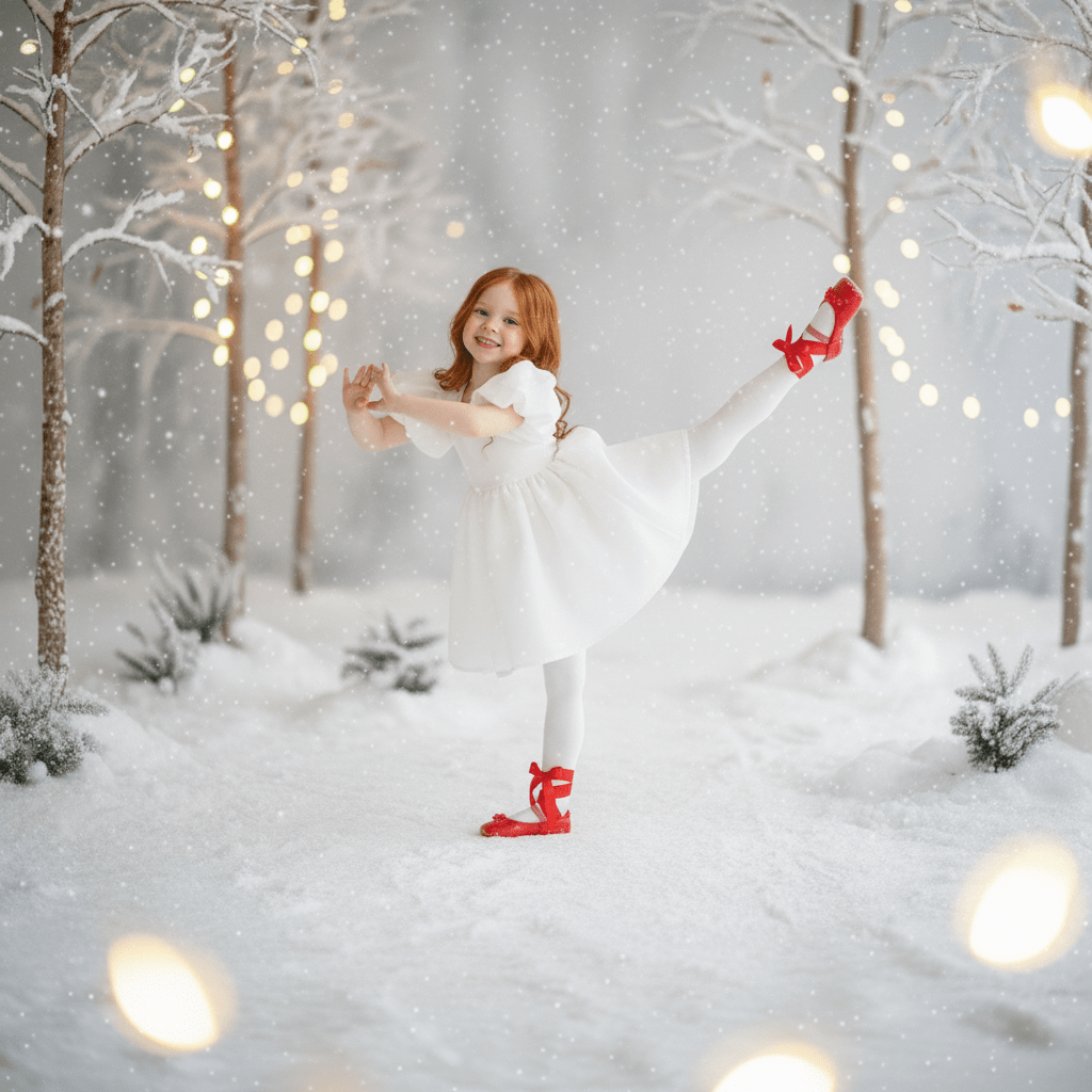 Young girl in a white dress and red shoes posing in a snowy forest with string lights.