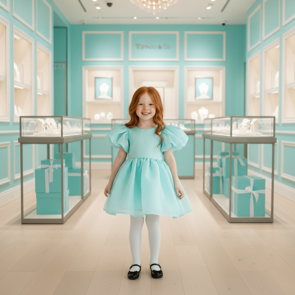 Young girl in a light blue dress standing in a Tiffany & Co. store.