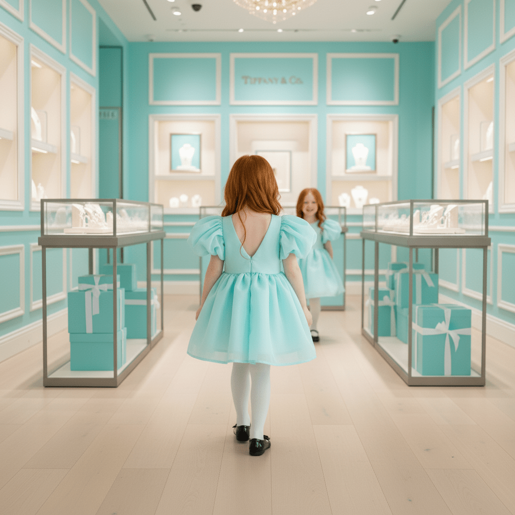 Woman in a light blue dress standing in a store with Tiffany & Co. branding.