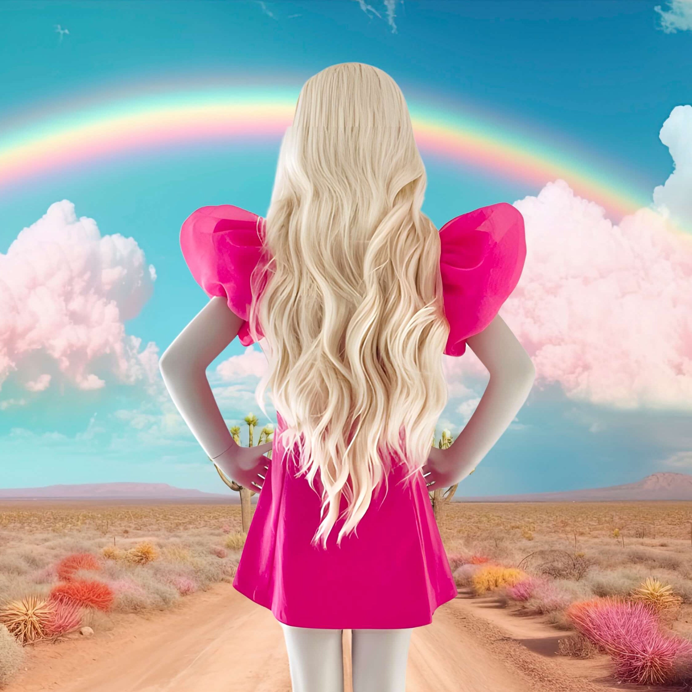 Person with pink fairy wings standing in a desert with a rainbow and clouds, brand 'DOLLY' visible.