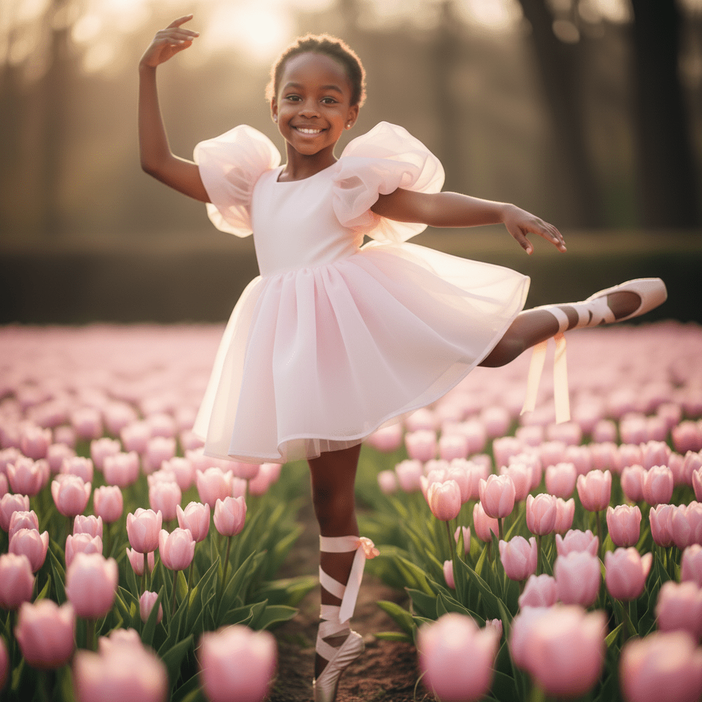 Young girl in a pink dress dancing in a field of pink tulips.