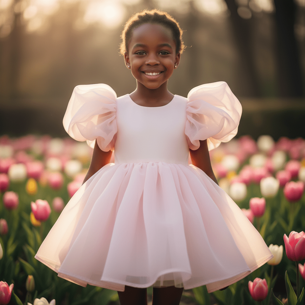 Young girl in a pink dress standing in a field of tulips