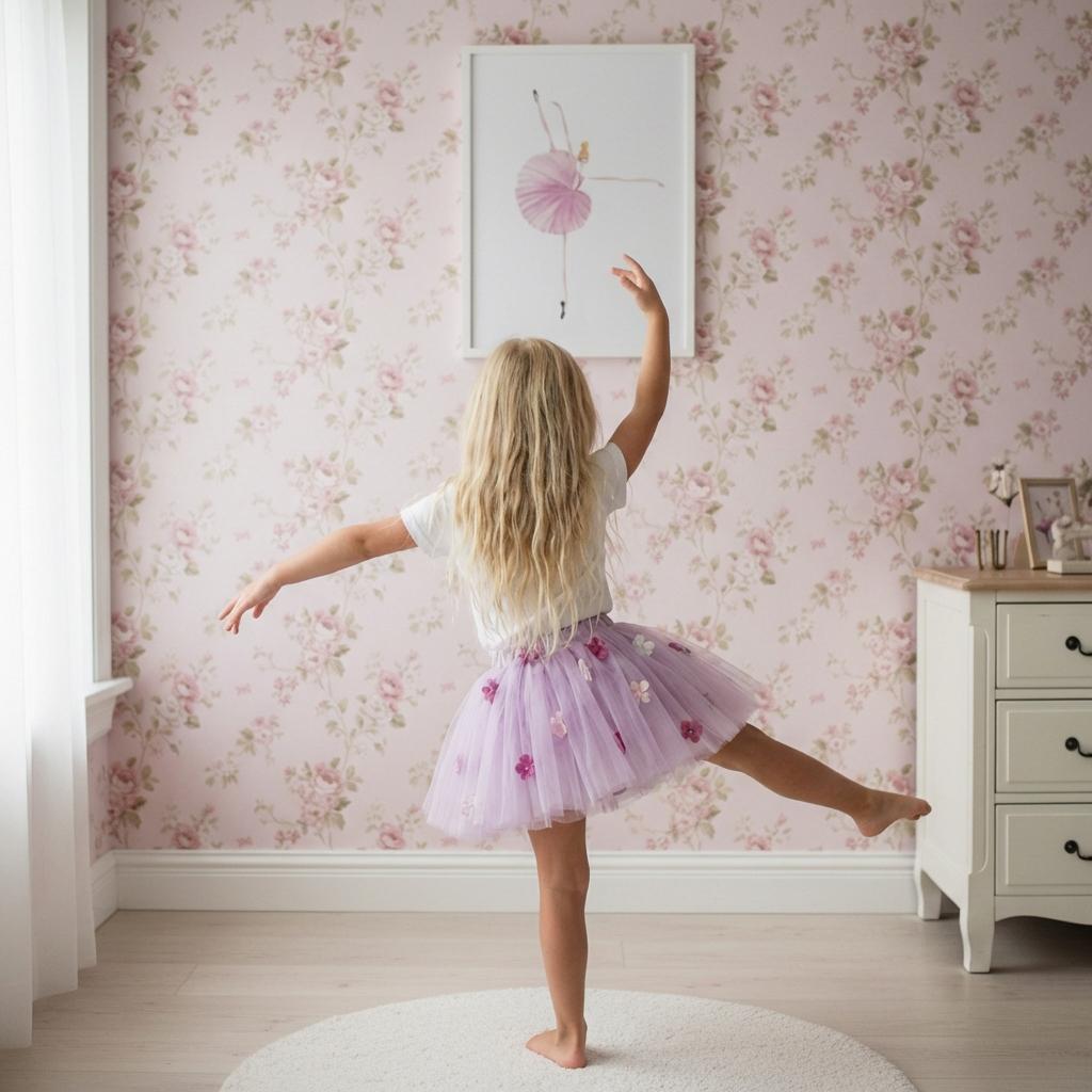 Young girl in a purple skirt dancing in a room with floral wallpaper.