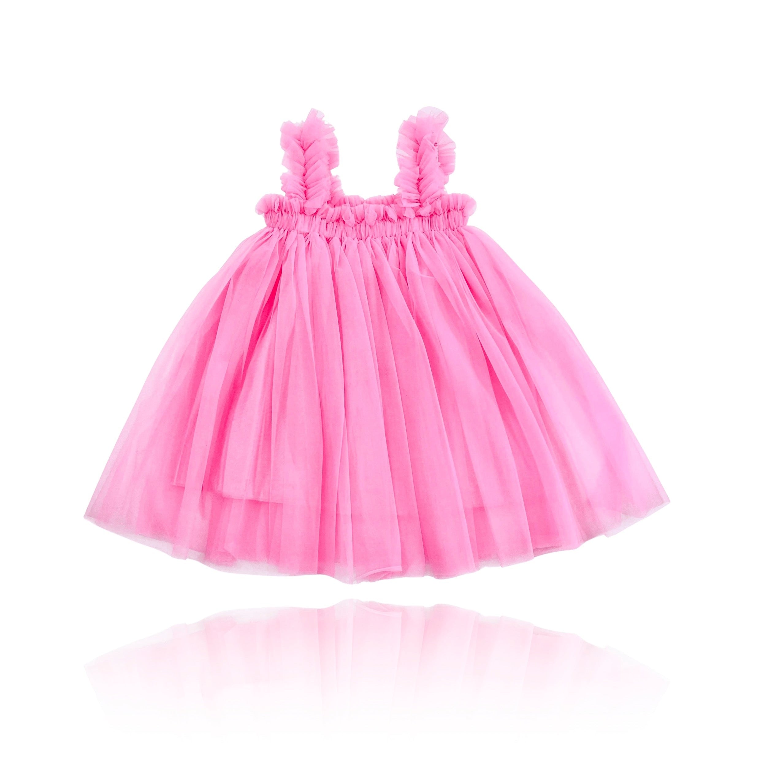 A pink tutu beach cover-up dress with elastic shoulder straps and a flared fit, made of nylon chiffon.