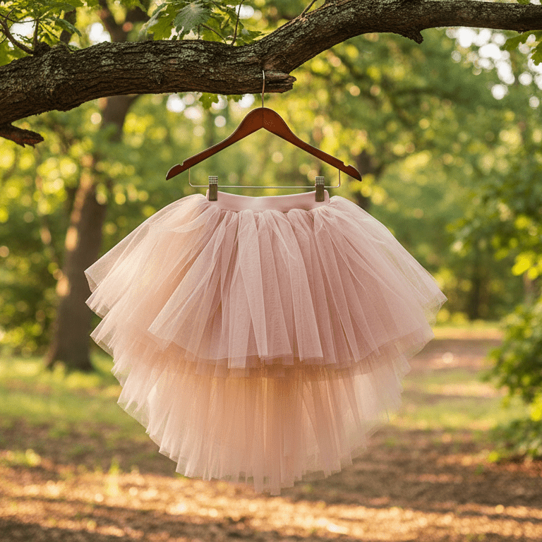 Pink tulle skirt hanging on a hanger against a natural background with trees and sunlight.
