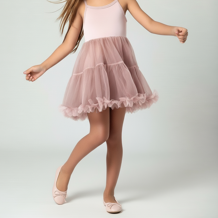 Young girl wearing a pink dress with a tutu skirt on a white background