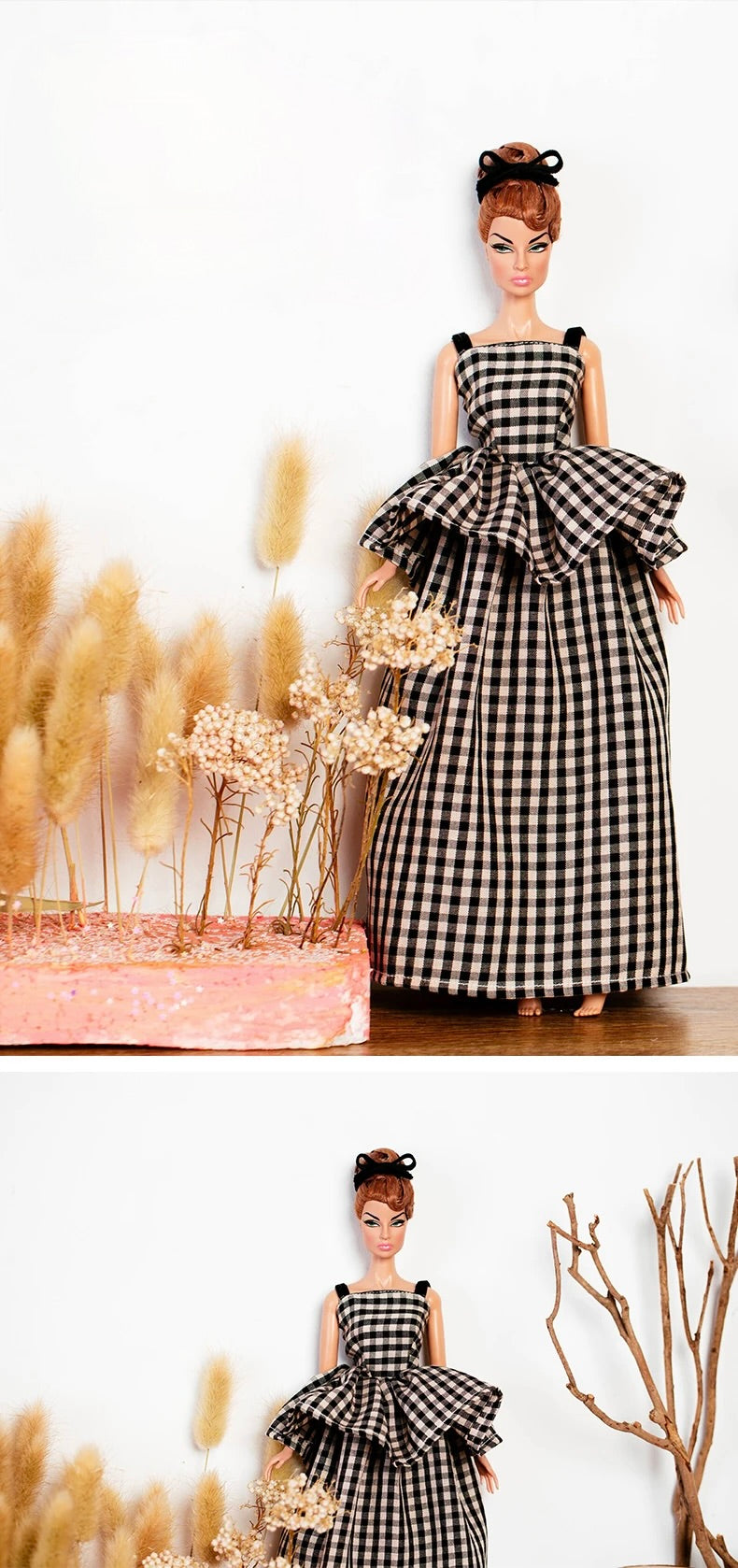DOLLY® DOLL CLOTHES SET GUCCI BLACK WHITE CHECKERED PEPLUM DRESS + BOW FOR 12 inch 30 cm 1/6 scale fashion dolls