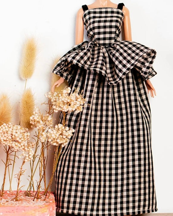 DOLLY® DOLL CLOTHES SET GUCCI BLACK WHITE CHECKERED PEPLUM DRESS + BOW FOR 12 inch 30 cm 1/6 scale fashion dolls