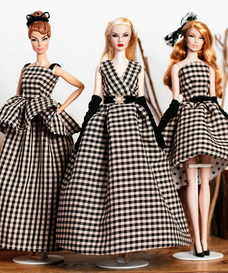 DOLLY® DOLL CLOTHES SET GUCCI BLACK WHITE CHECKERED PEPLUM DRESS + BOW FOR 12 inch 30 cm 1/6 scale fashion dolls