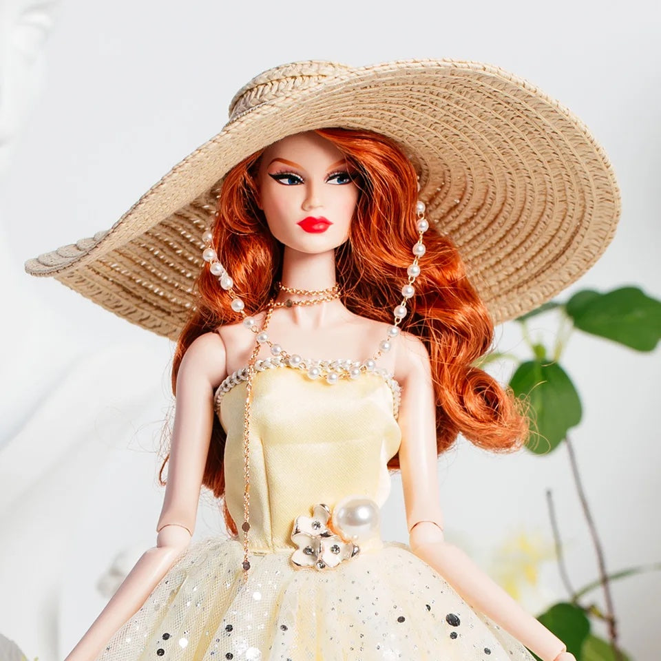 DOLLY® DOLL CLOTHES SET DIOR WITH CREAM DRESS + STRAW HAT + HEELS FOR 12 inch 30 cm 1/6 scale fashion dolls