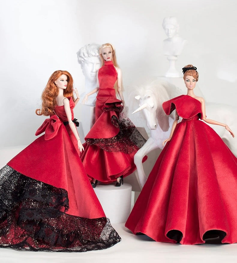 DOLLY® DOLL BARBIE CLOTHES RED CARPET VELVET COLD SHOULDER GOWN DRESS + SHOES FOR 12 inch 30 cm 1/6 scale fashion dolls