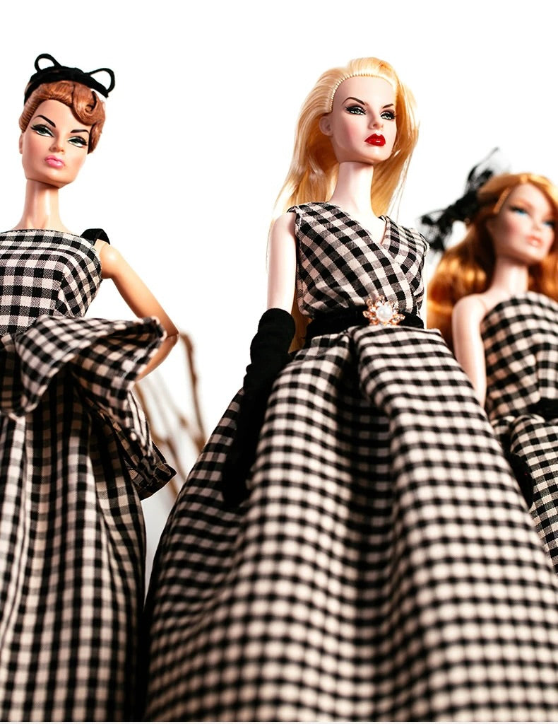 DOLLY® DOLL CLOTHES SET GUCCI BLACK WHITE CHECKERED PEPLUM DRESS + BOW FOR 12 inch 30 cm 1/6 scale fashion dolls