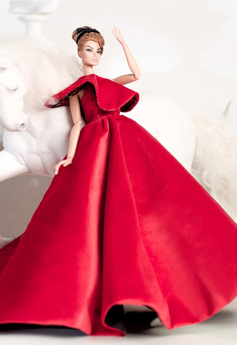 DOLLY® DOLL BARBIE CLOTHES RED CARPET VELVET COLD SHOULDER GOWN DRESS + SHOES FOR 12 inch 30 cm 1/6 scale fashion dolls