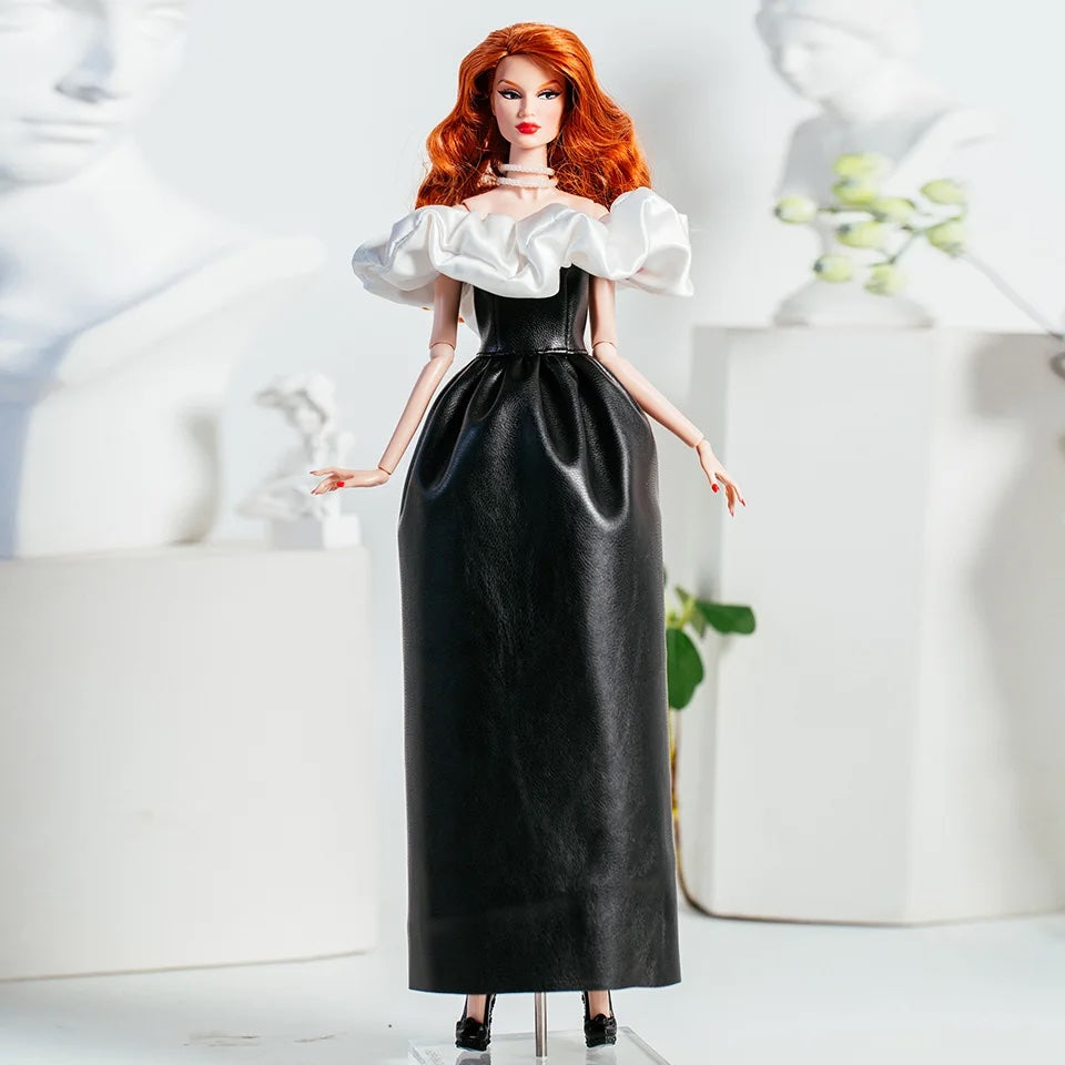 DOLLY® DOLL BARBIE CLOTHES SET KARL LAGERFELD WITH BLACK LONG LEATHER DRESS + SHOES FOR 12 inch 30 cm 1/6 scale fashion dolls