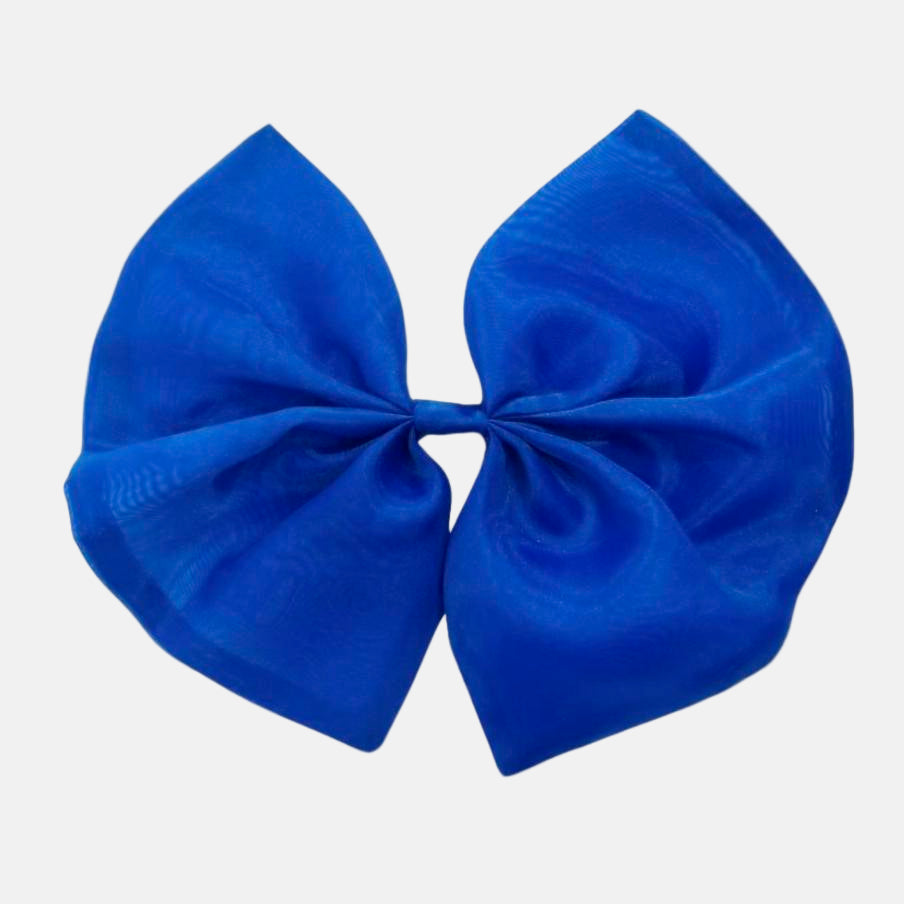 A royal blue organza hair bow with a clip on a white background.