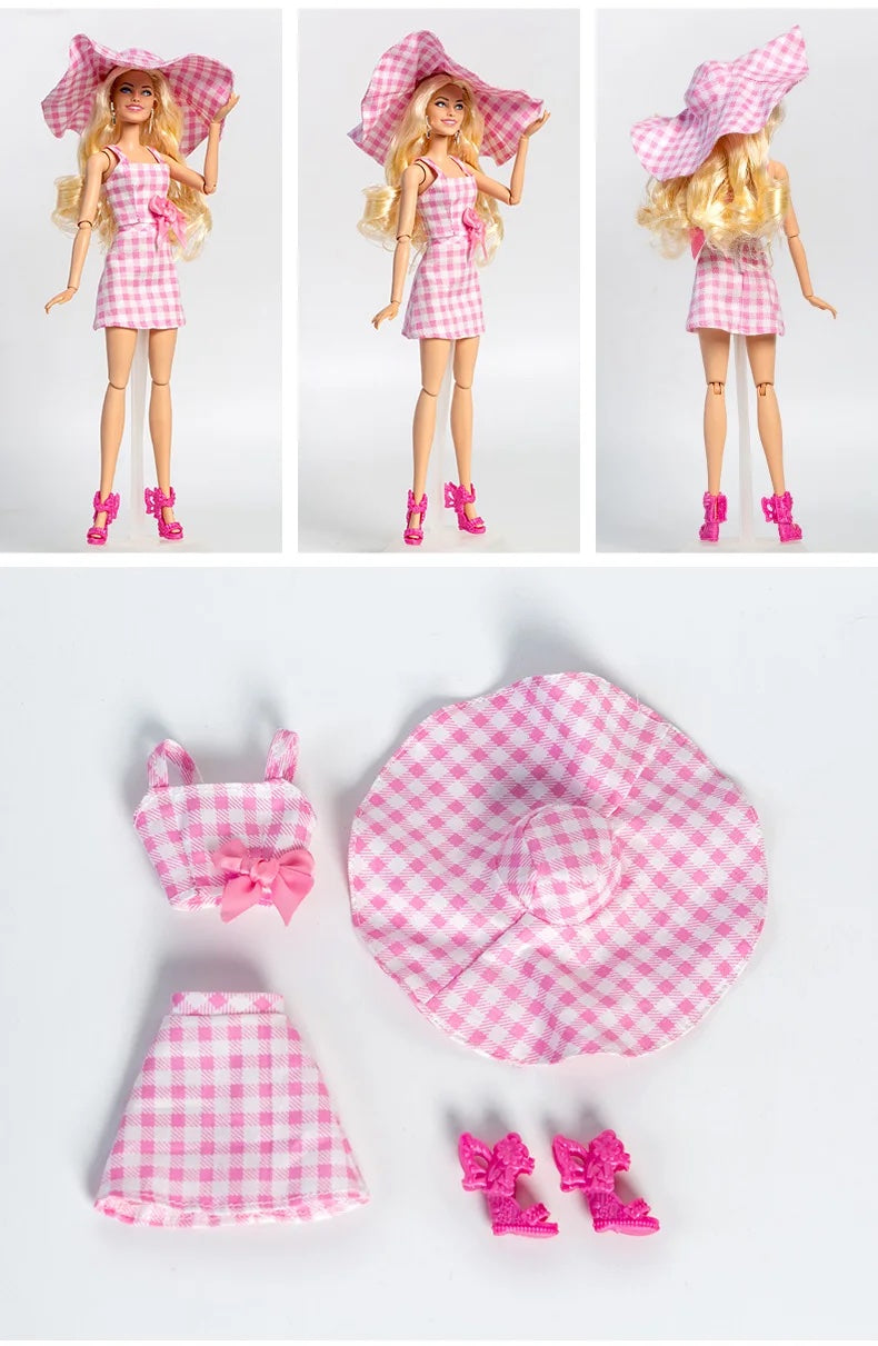 DOLLY® DOLL CLOTHES SET BARBIE MOVIE BEACH PINK CHECKERED SKIRT + TOP + HAT+ SHOES FOR 12 inch 30 cm 1/6 scale fashion dolls