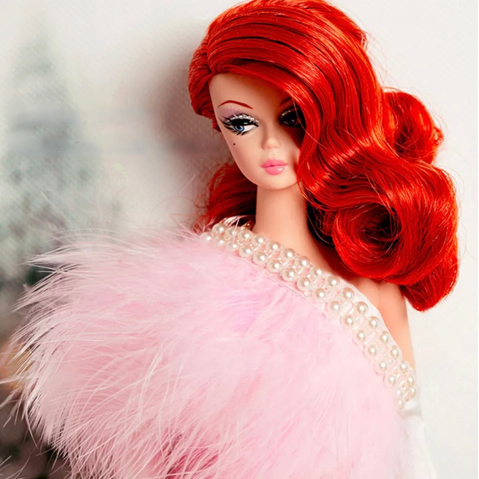 DOLLY® DOLL BARBIE CLOTHES PINK FEATHER SHOWBIZ TUBE DRESS WITH PEARL TRIM FOR 12 inch 30 cm 1/6 scale fashion dolls