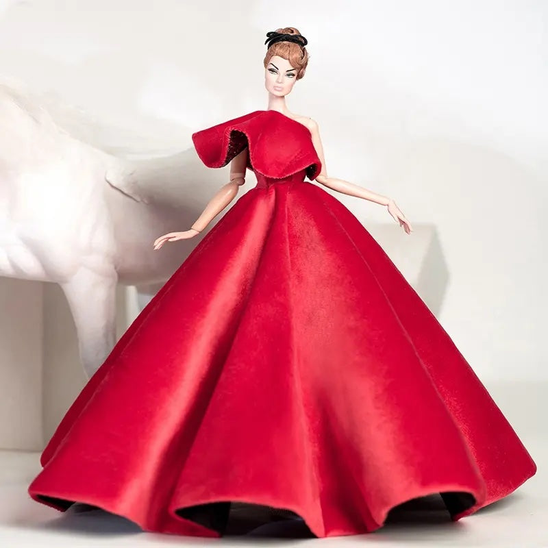 DOLLY® DOLL BARBIE CLOTHES RED CARPET VELVET COLD SHOULDER GOWN DRESS + SHOES FOR 12 inch 30 cm 1/6 scale fashion dolls