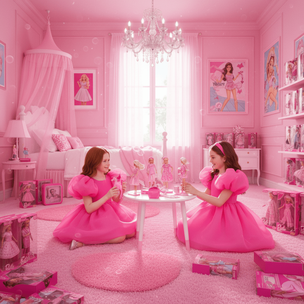 Two girls in pink dresses sitting at a table in a Barbie-themed room with toys and furniture.