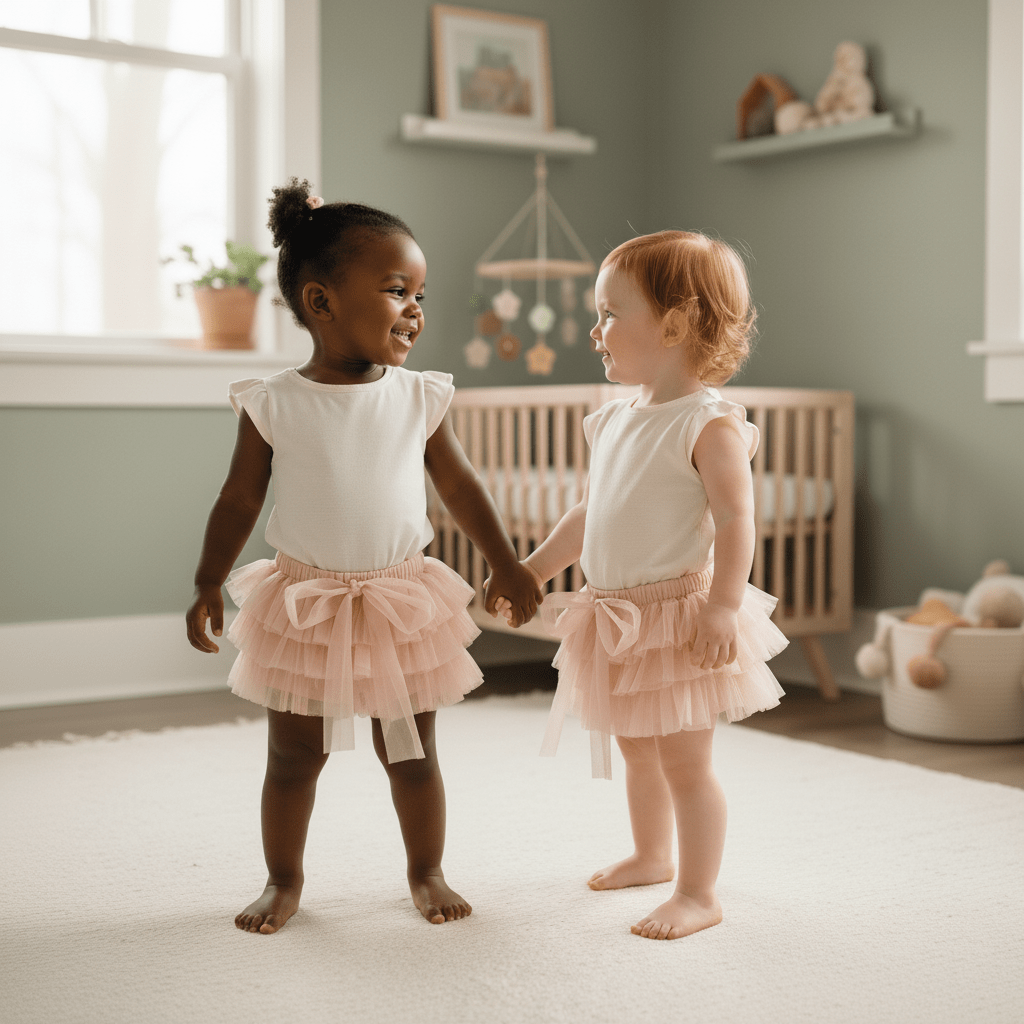 Two young girls in matching outfits standing in a nursery.