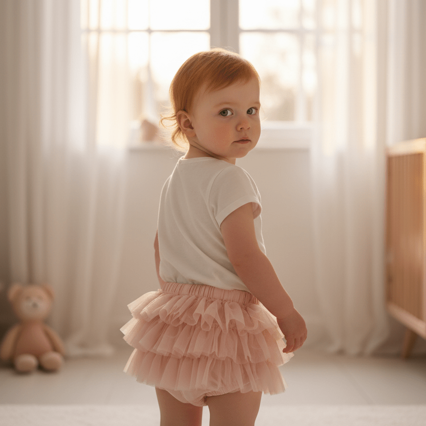Child wearing a white shirt and pink tutu standing in a softly lit room with curtains and a teddy bear in the background.