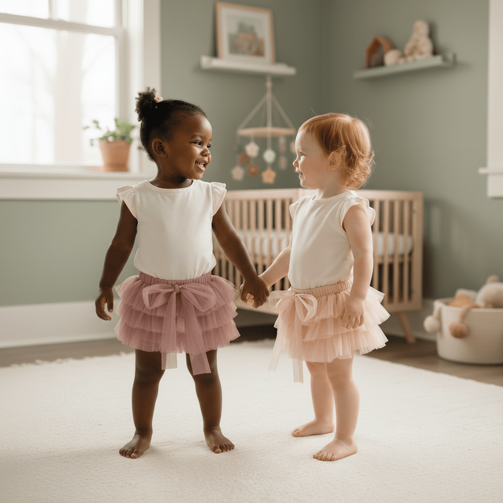 Two young girls in matching outfits standing in a nursery.