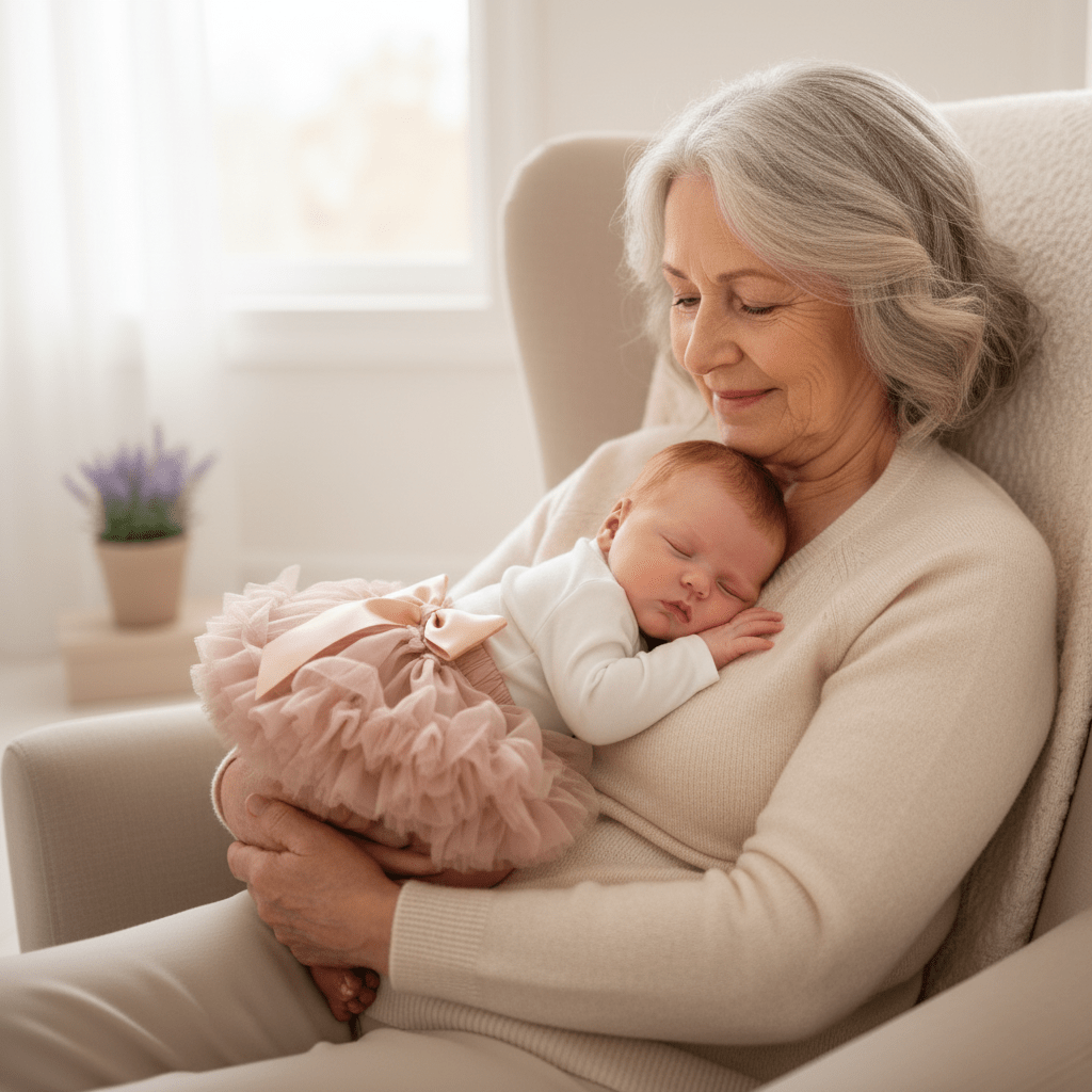 Grandmother holding a baby in a cozy living room