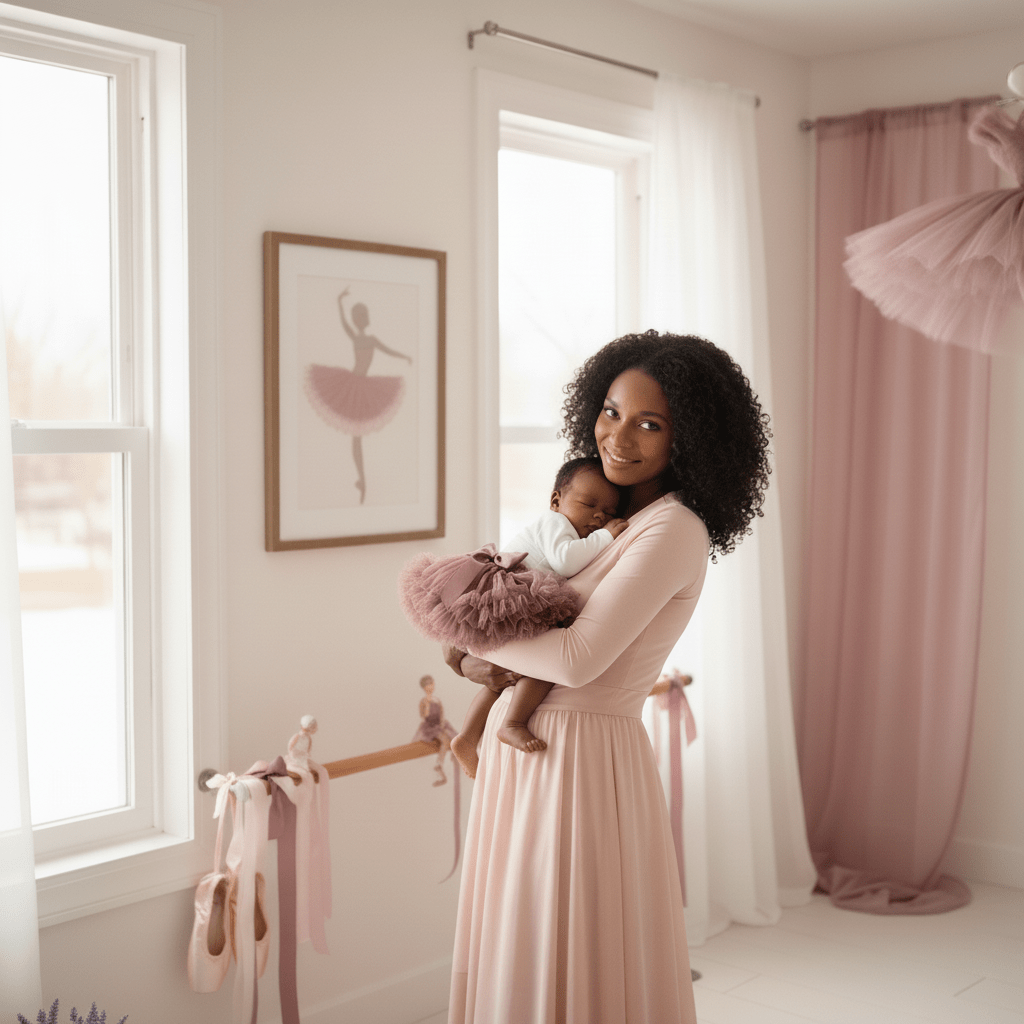 Woman holding a child in a room with ballet-themed decor