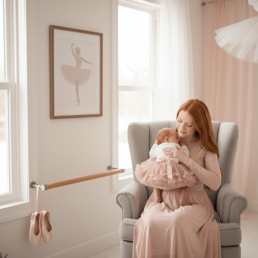 Woman holding a baby in a room with ballet-themed decor