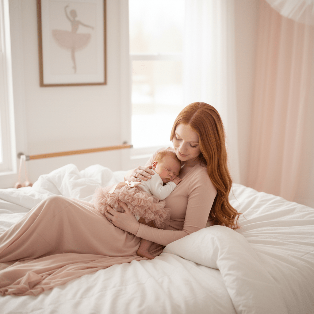 Woman holding a baby in a softly lit bedroom