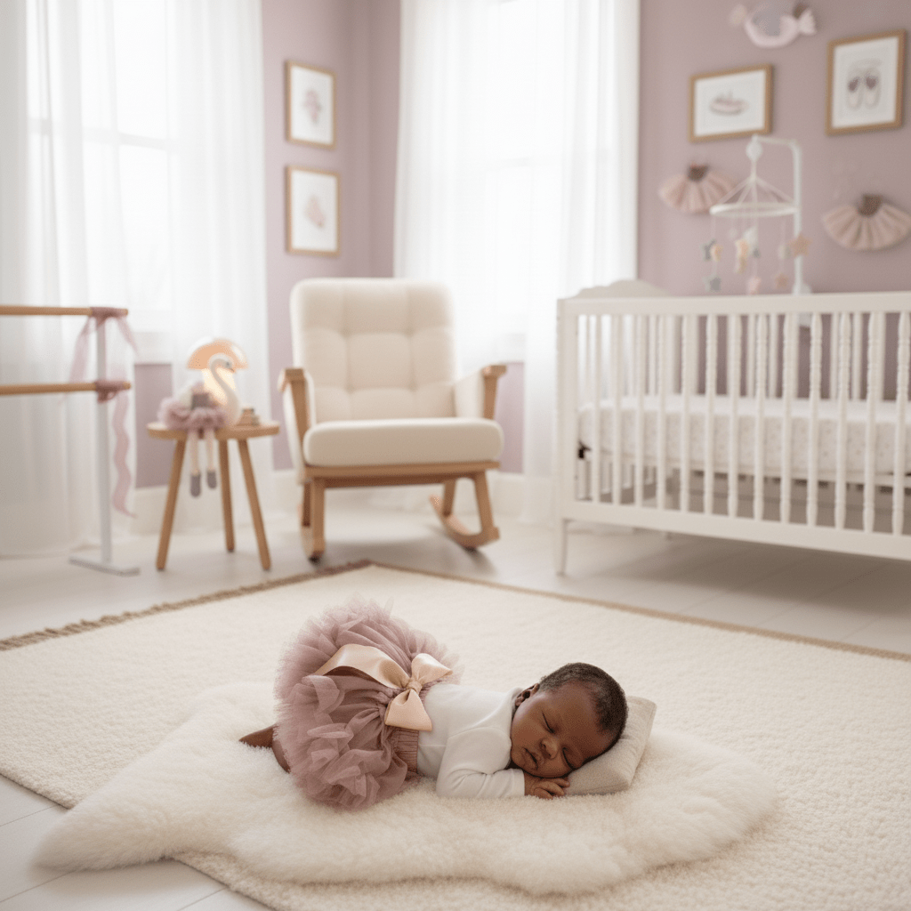 Baby lying on a rug in a nursery with a crib and rocking chair in the background.
