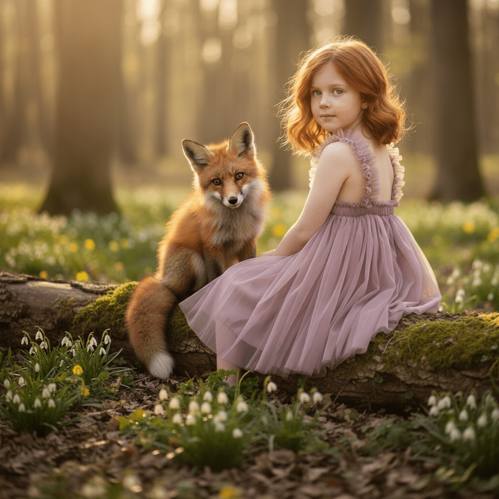 Young girl in a pink dress sitting next to a fox in a forest