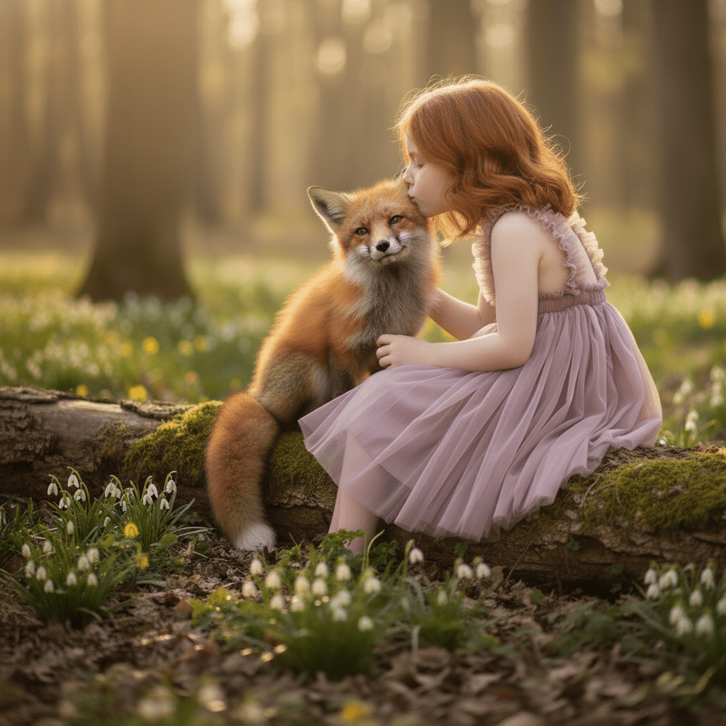 Young girl in a pink dress sitting with a fox in a forest