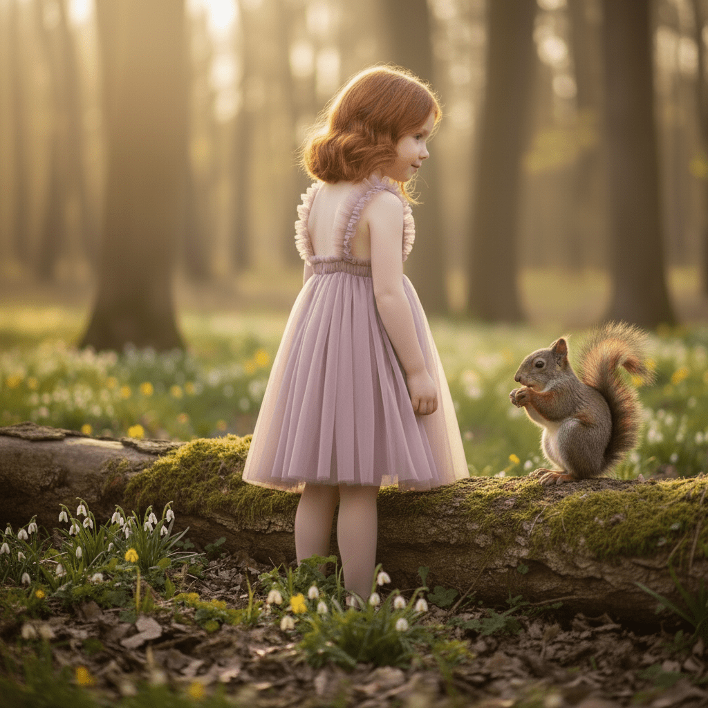 Young girl in a pink dress standing next to a squirrel on a log in a forest.