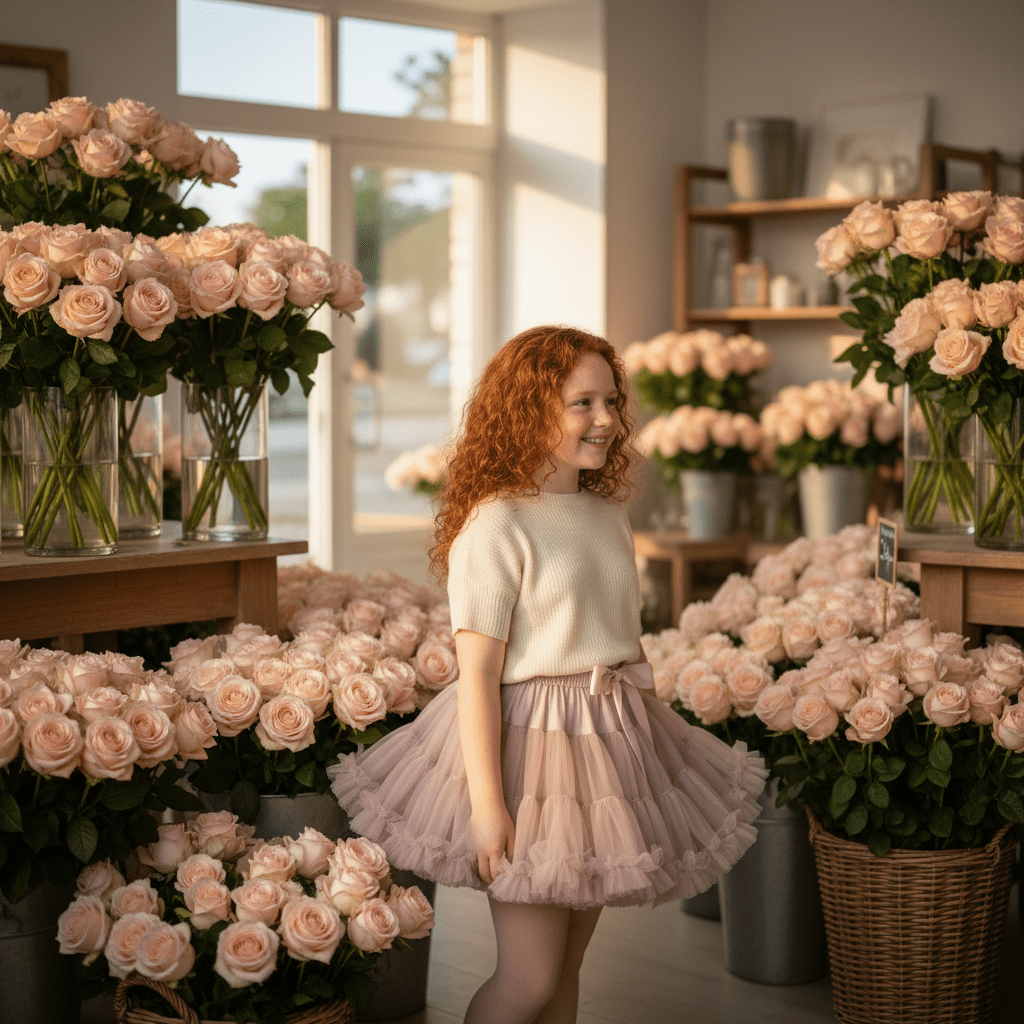 Woman standing among rows of pink roses in a flower shop