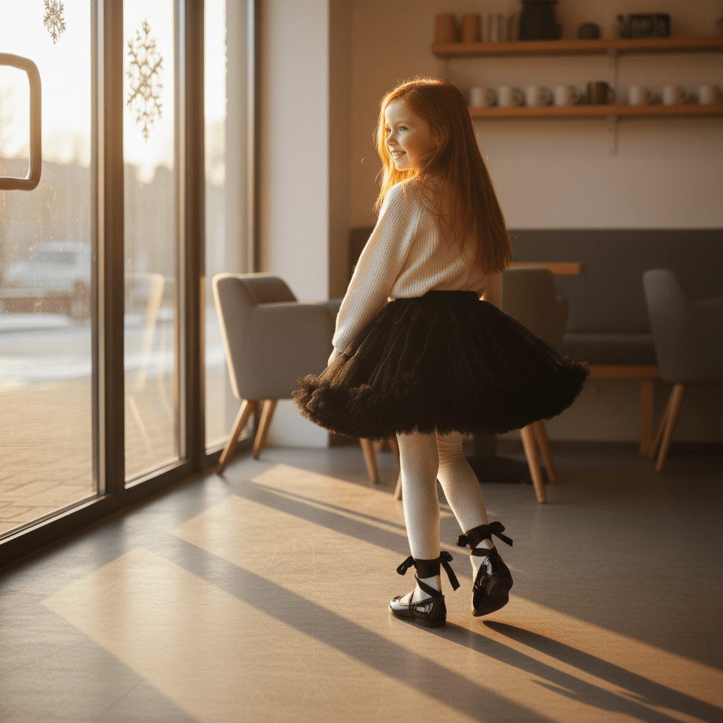 Young girl in a black tutu standing in a sunlit room with large windows.
