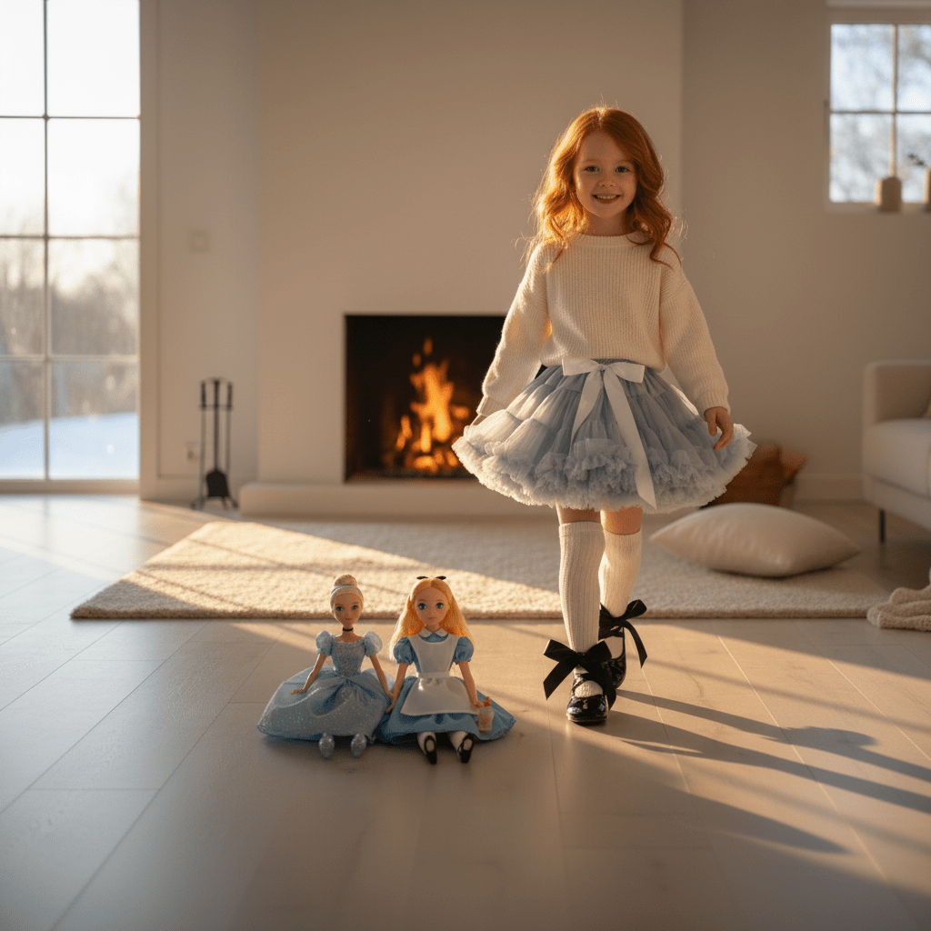 Young girl in a white sweater and blue skirt standing next to two dolls in a room with a fireplace.