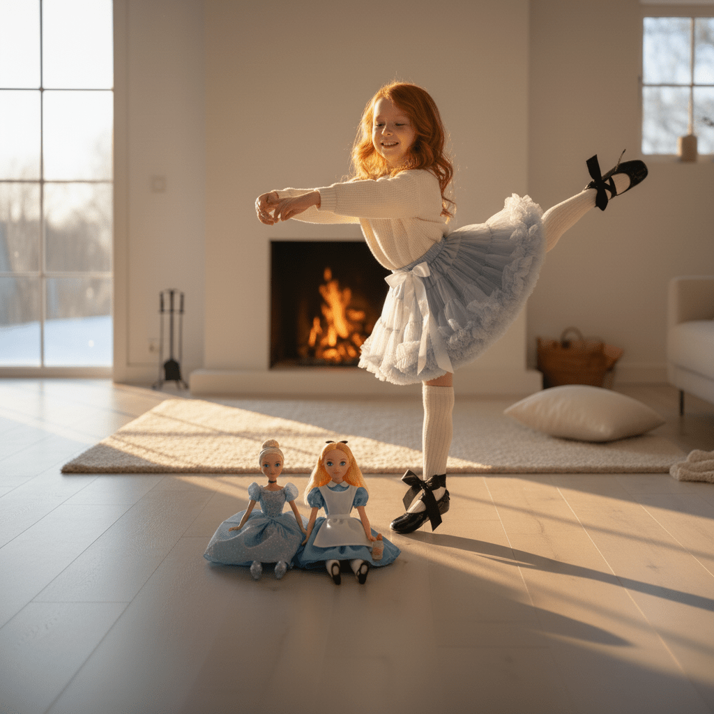 Person in a white dress and black shoes posing with dolls in a room with a fireplace.