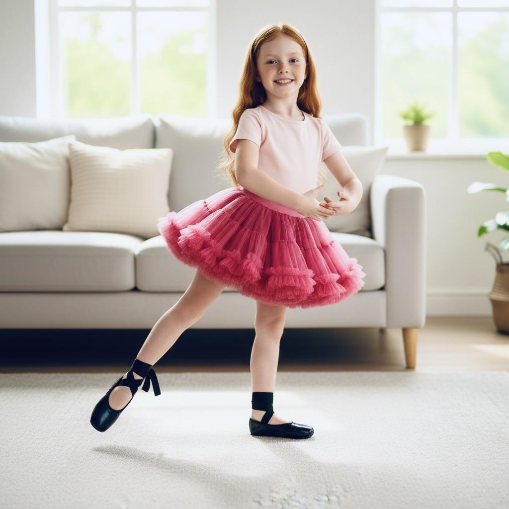 Young girl in a pink dress and black shoes dancing in a living room.